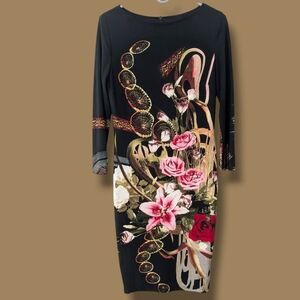 Joseph Ribkoff Black Multi-Color Floral Jersey Knit Long Sleeve Slim Mini Dress